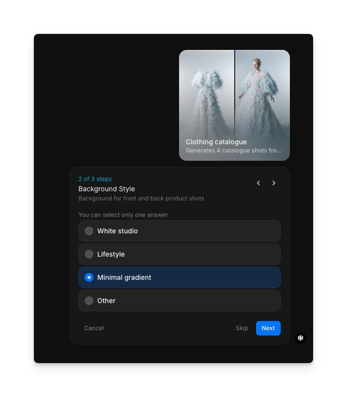Auswahl des Background Style mit Radiobuttons für White studio, Lifestyle, Minimal gradient und Other