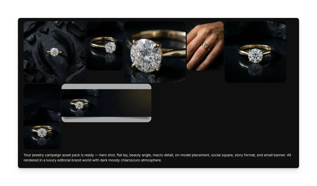 Erzeugtes Schmuck-Kampagnenpaket mit einem Ring in mehreren Kompositionen: Hero-Shot, Flat Lay, Beauty-Winkel, Makrodetail, On-Model-Platzierung, Social-Quadrat, Story-Format und E-Mail-Banner
