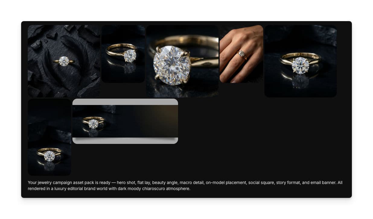 Pacote de assets de campanha de joias gerado mostrando um anel em várias composições: foto principal, flat lay, ângulo de beleza, detalhe macro, posicionamento on-model, quadrado para redes sociais, formato de stories e banner de e-mail