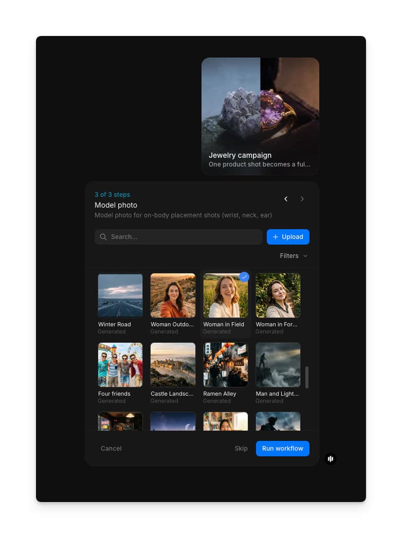 Passo de seleção de foto de modelo mostrando uma galeria pesquisável de imagens de modelo com um botão Run workflow