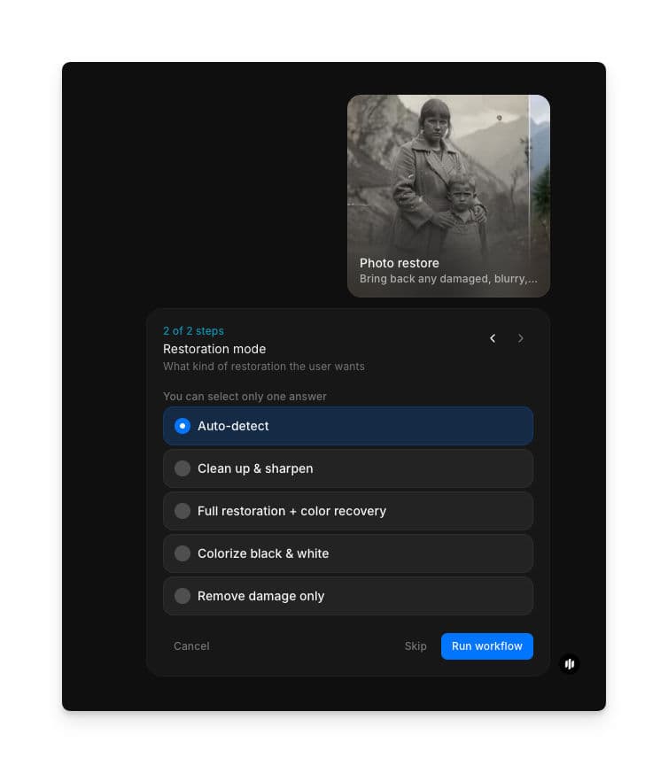 Selección del modo de restauración mostrando botones de opción para Detección automática, Limpiar y enfocar, Restauración completa + recuperación de color, Colorear blanco y negro y Eliminar solo el daño, con un botón de Run workflow