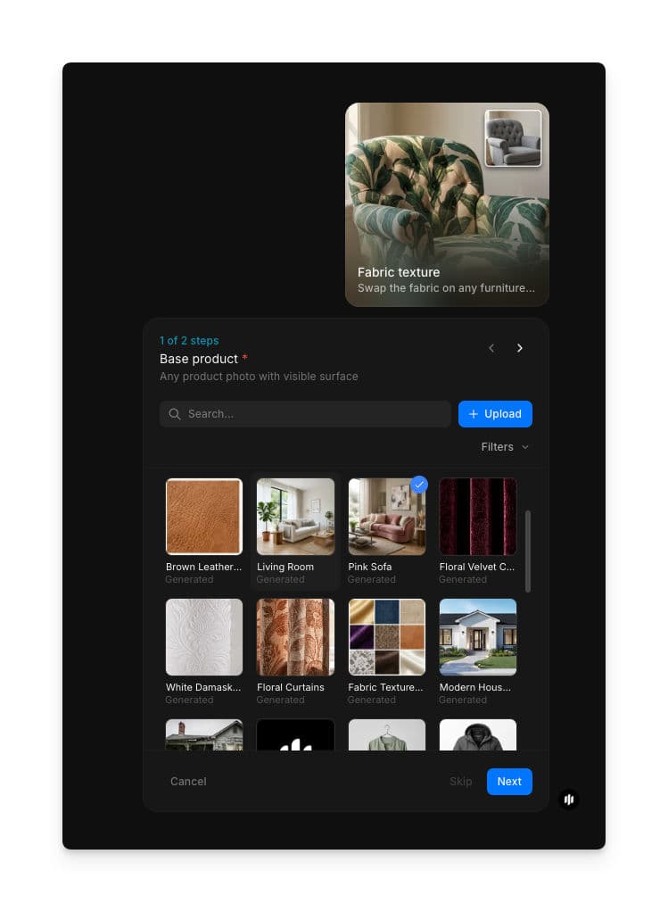 Langkah 1 workflow Fabric texture yang menampilkan kolom Base product dengan galeri yang bisa dicari dan tombol Upload
