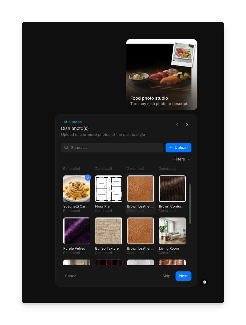 Paso 1 del workflow de estudio de fotos de comida mostrando el campo Dish photo(s) con una galería y un botón para subir imágenes