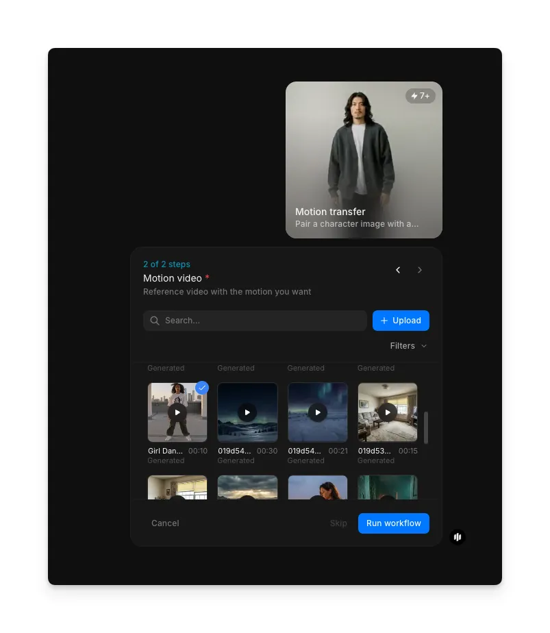 Schritt „Motion video“ mit einer durchsuchbaren Galerie von Videoclips sowie den Schaltflächen Upload und Run workflow