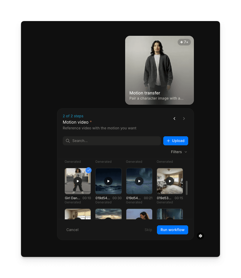 Etapa de vídeo de movimento mostrando uma galeria pesquisável de clipes de vídeo com botões de upload e Run workflow