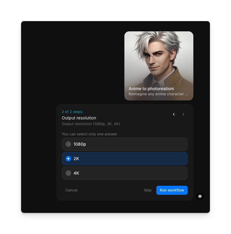 Selección de resolución de salida con botones de opción para 1080p, 2K y 4K y un botón Run workflow