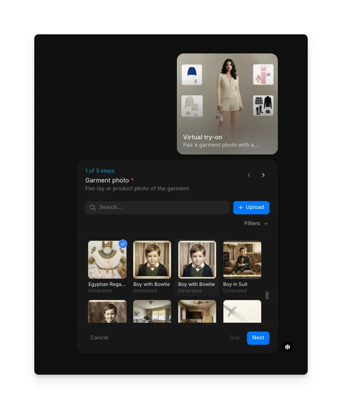 Feld für das Kleidungsfoto im Virtual-try-on-Workflow von Morphic mit Upload-Optionen