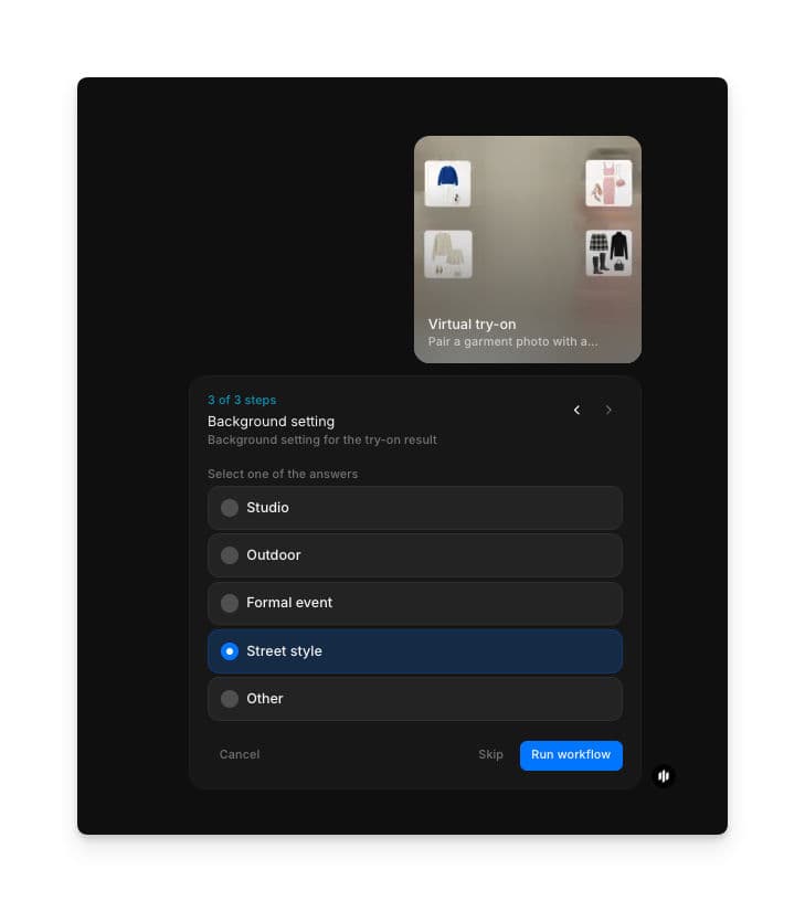 Botones de opción de fondo con Estudio, Exterior, Evento formal, Estilo urbano y Otro junto al botón de ejecutar workflow