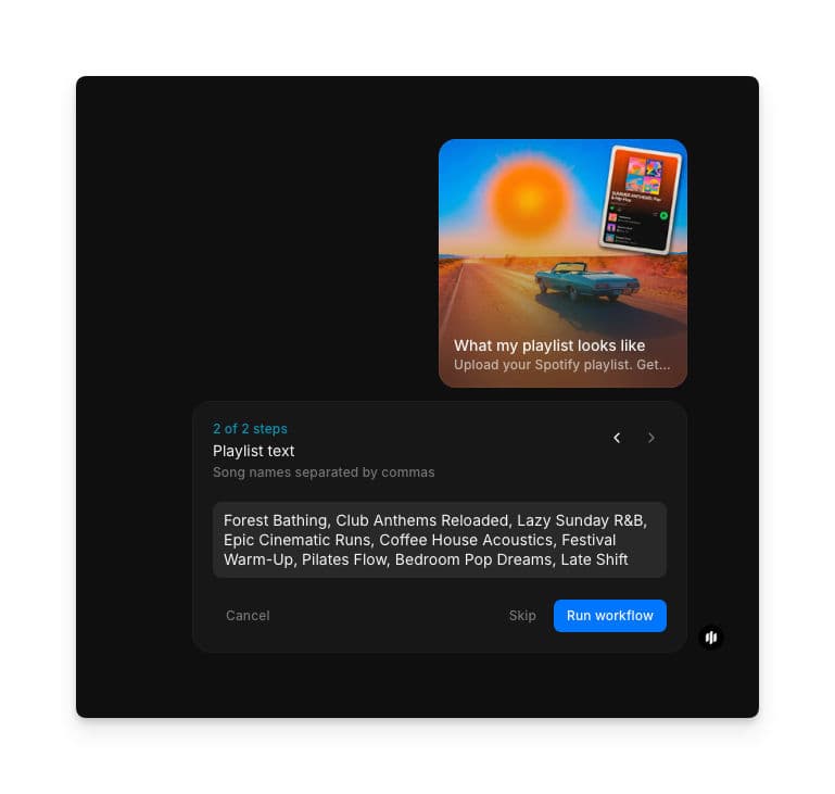 Paso Playlist text con un campo de texto con nombres de canciones separados por comas y un botón Run workflow