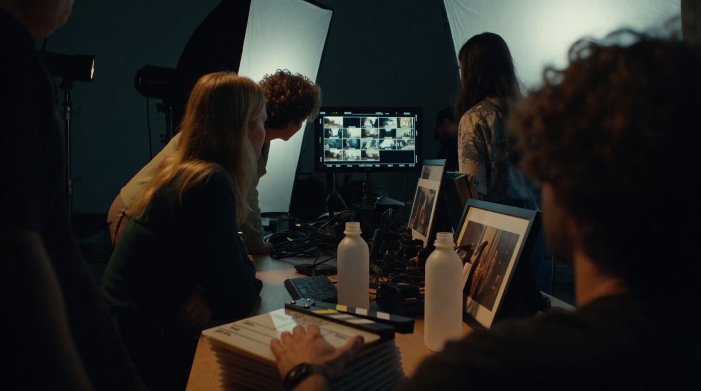 A production crew reviewing shots on a studio monitor