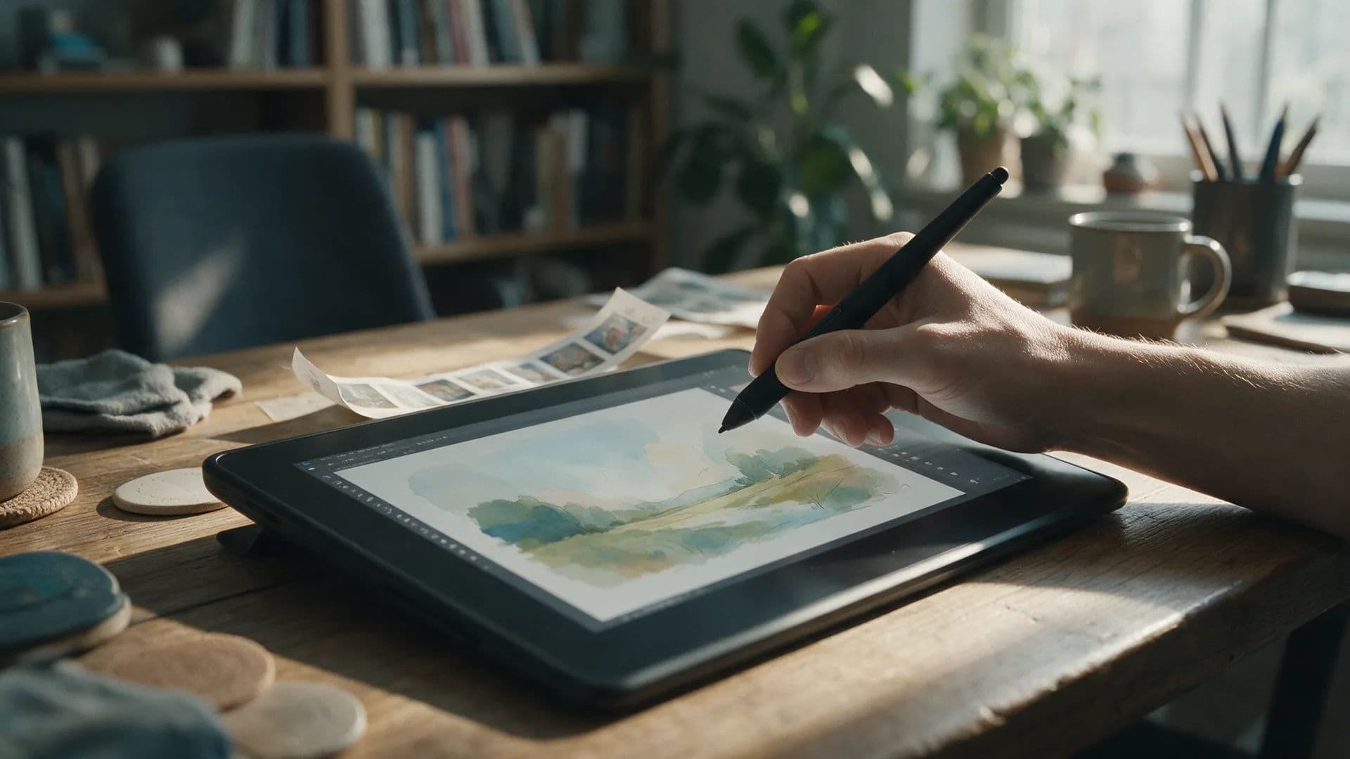 A freelancer's hand with a stylus refining an illustration on a tablet