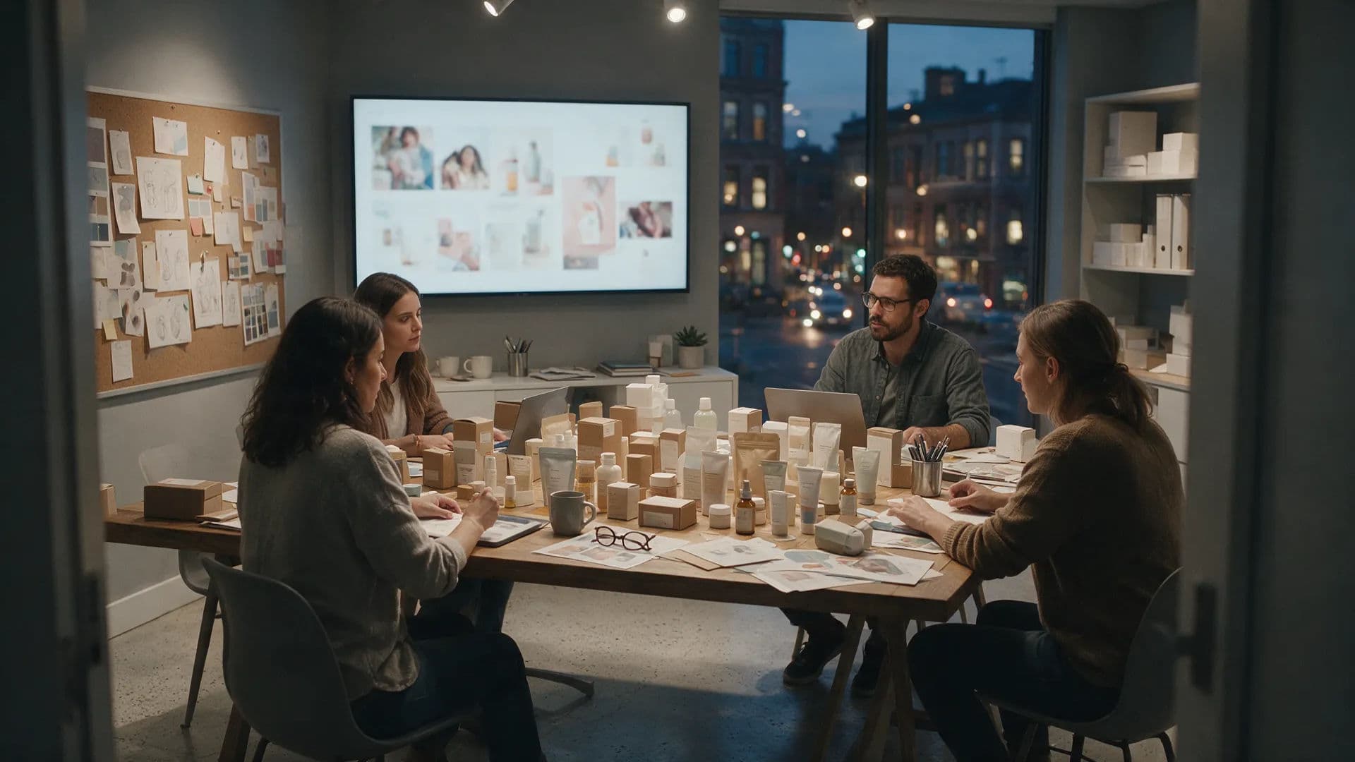 A brand team reviewing campaign mockups around a table at dusk