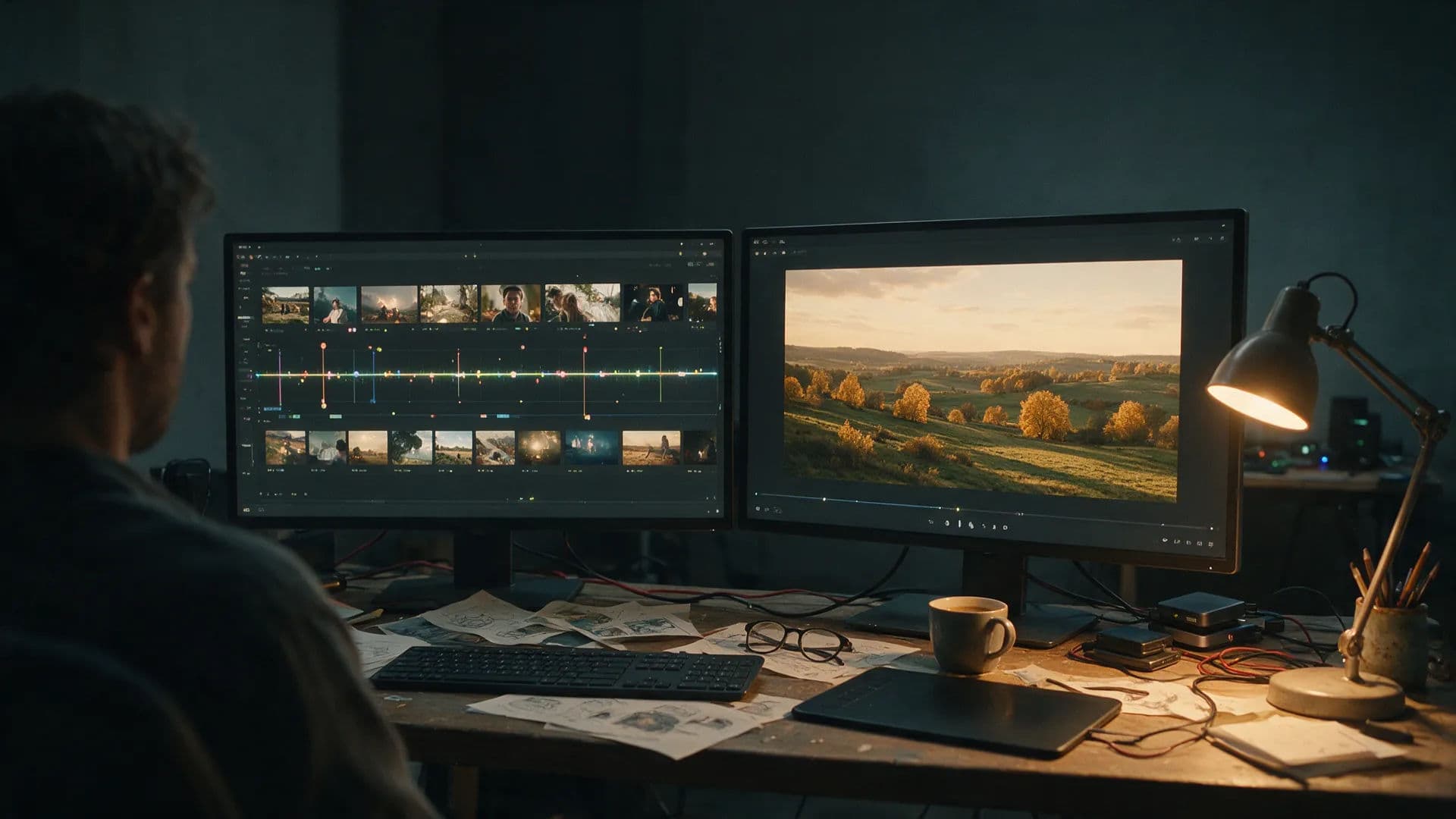 An editor arranging generated frames along a timeline across two monitors