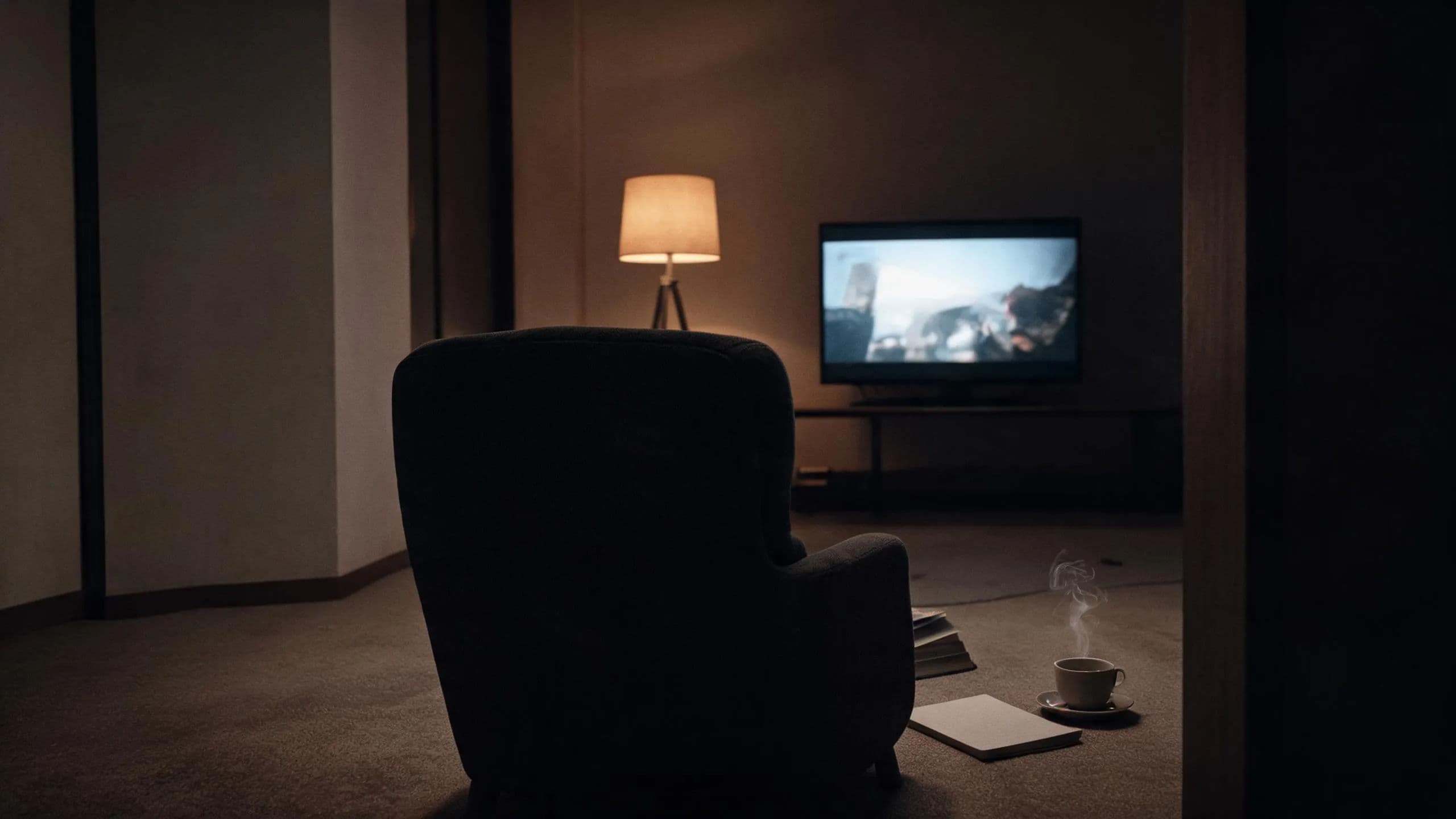 A solo filmmaker reviewing a rough cut at home at night