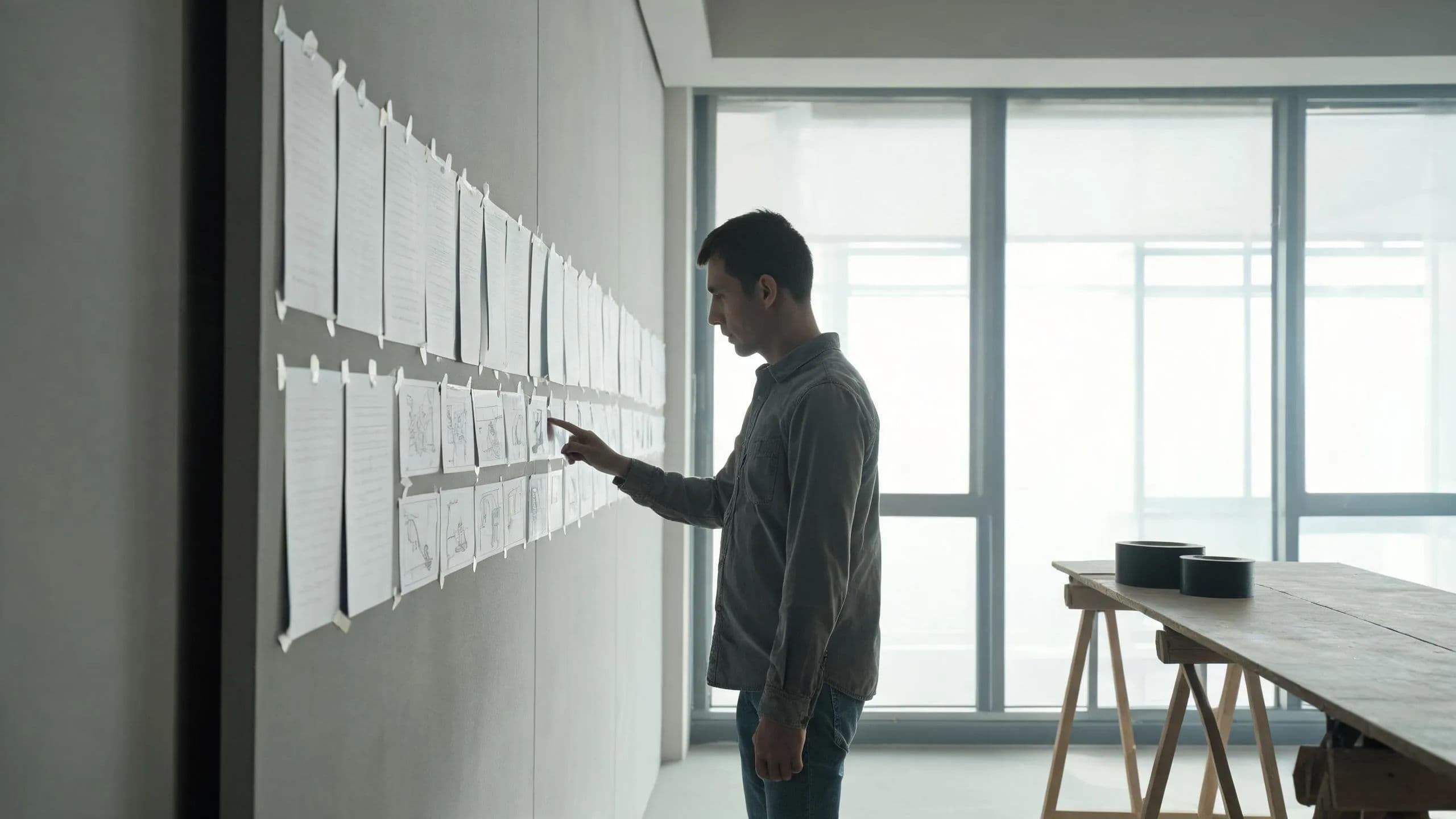 A producer tracing a wall of taped script pages and storyboard frames