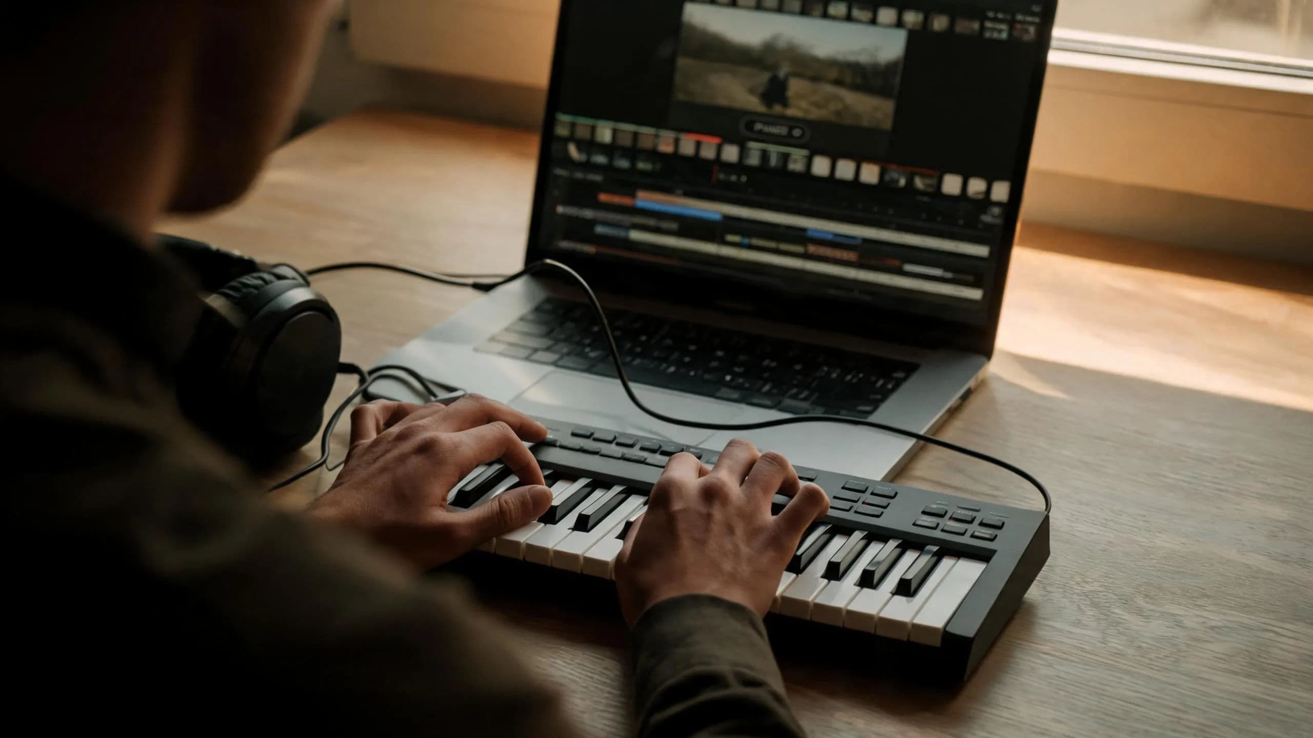 A creator scoring a paused travel film on a compact MIDI keyboard