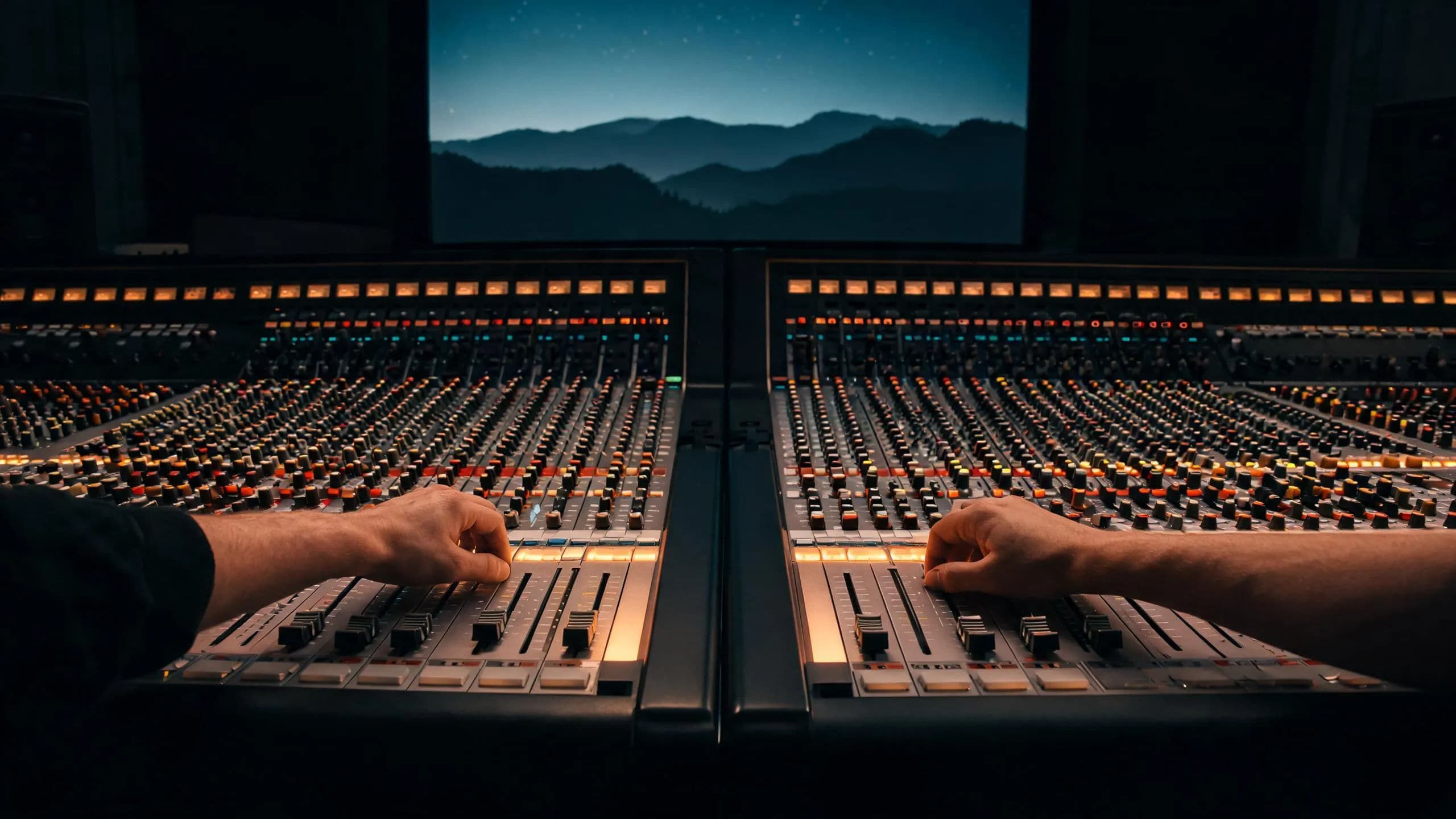Hands riding mixing console faders in front of a cinema screen