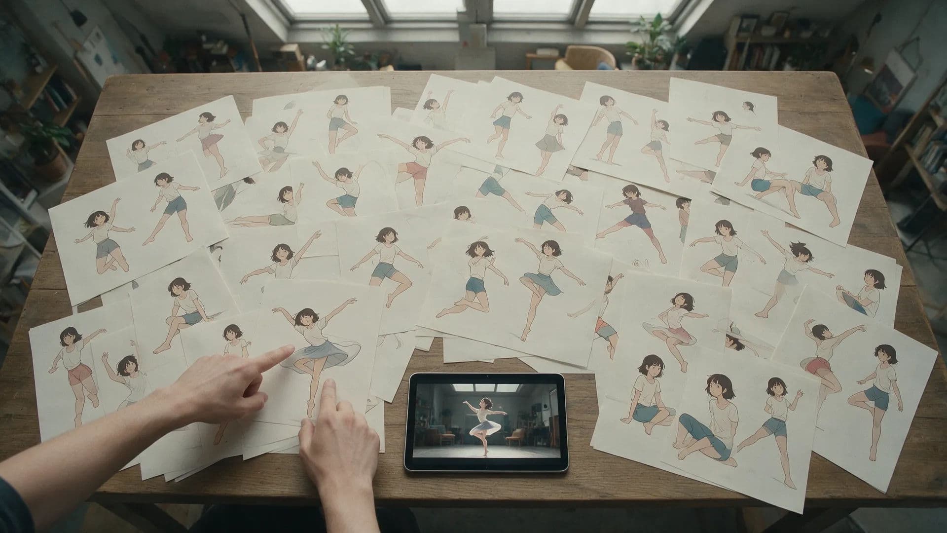 A review table of printed character pose sheets with a tablet looping the clip