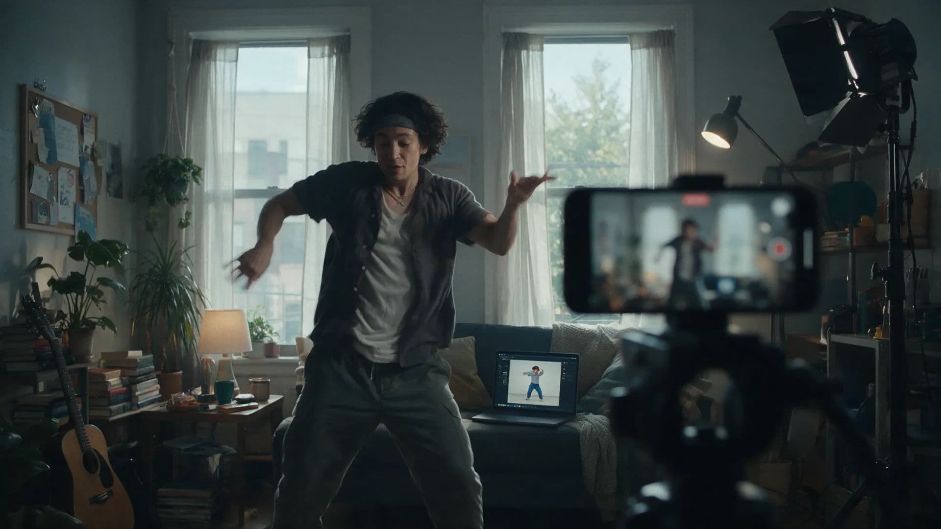 A creator filming a dance move that a laptop replays as an animated character