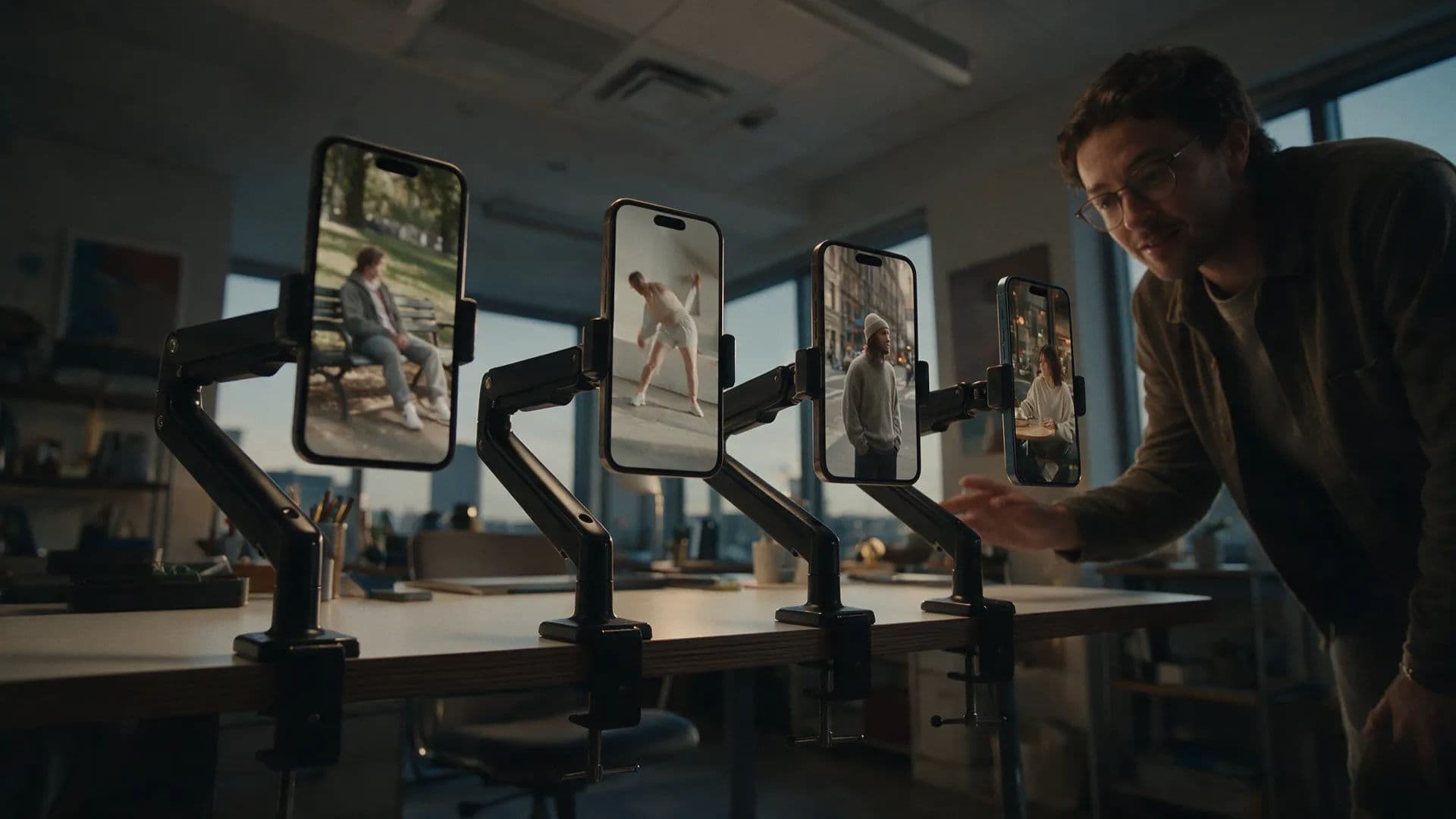A row of phones playing character clip variants side by side