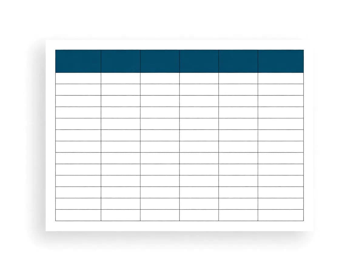 Blank labeled size chart grid with a colored header row