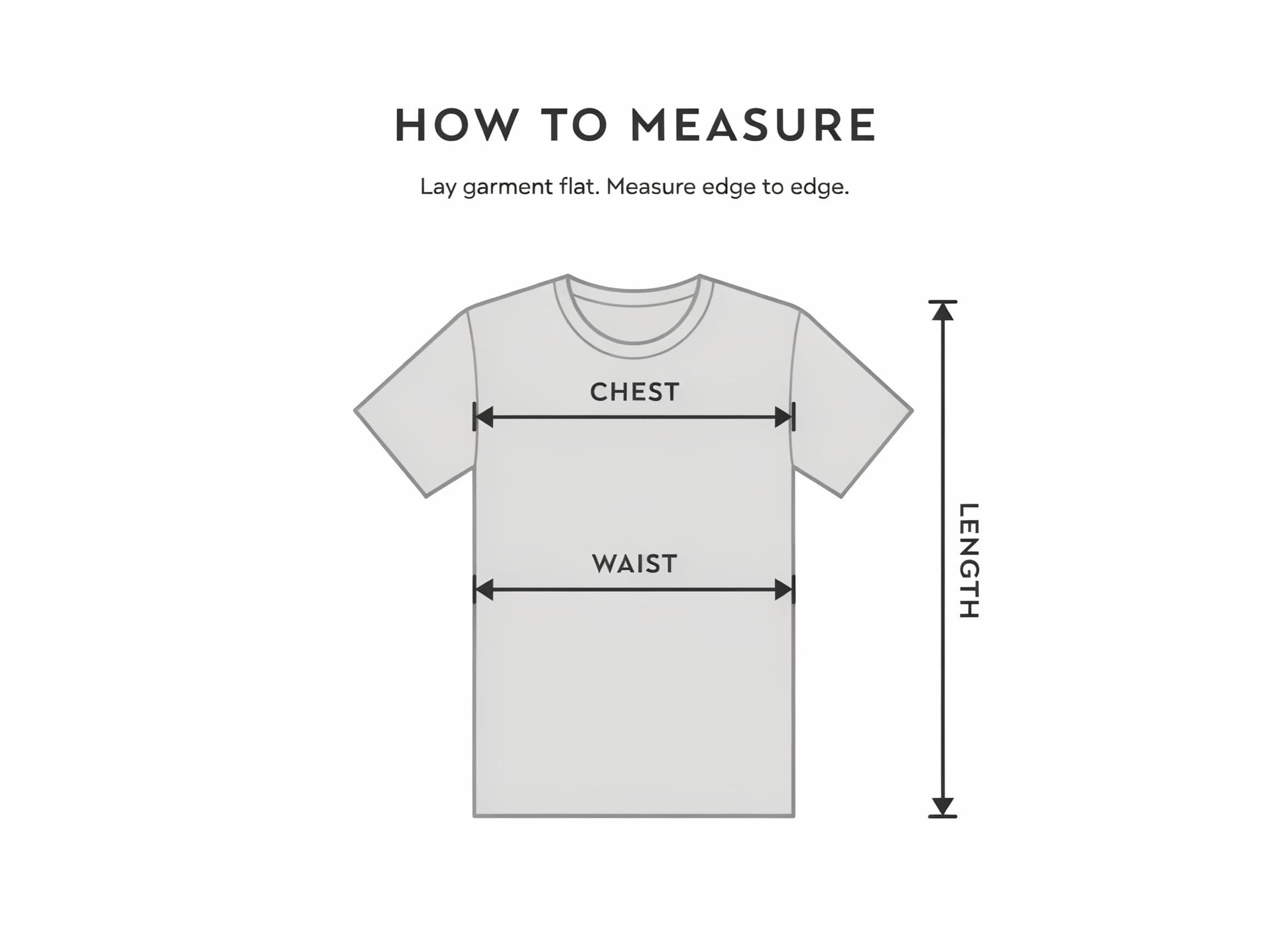 How-to-measure diagram showing measurement arrows on a figure wearing a t-shirt