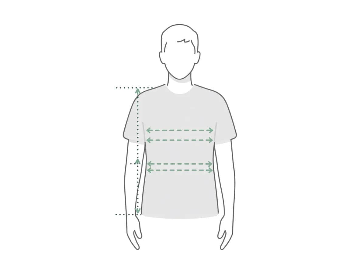 How-to-measure diagram showing measurement arrows on a figure wearing a t-shirt