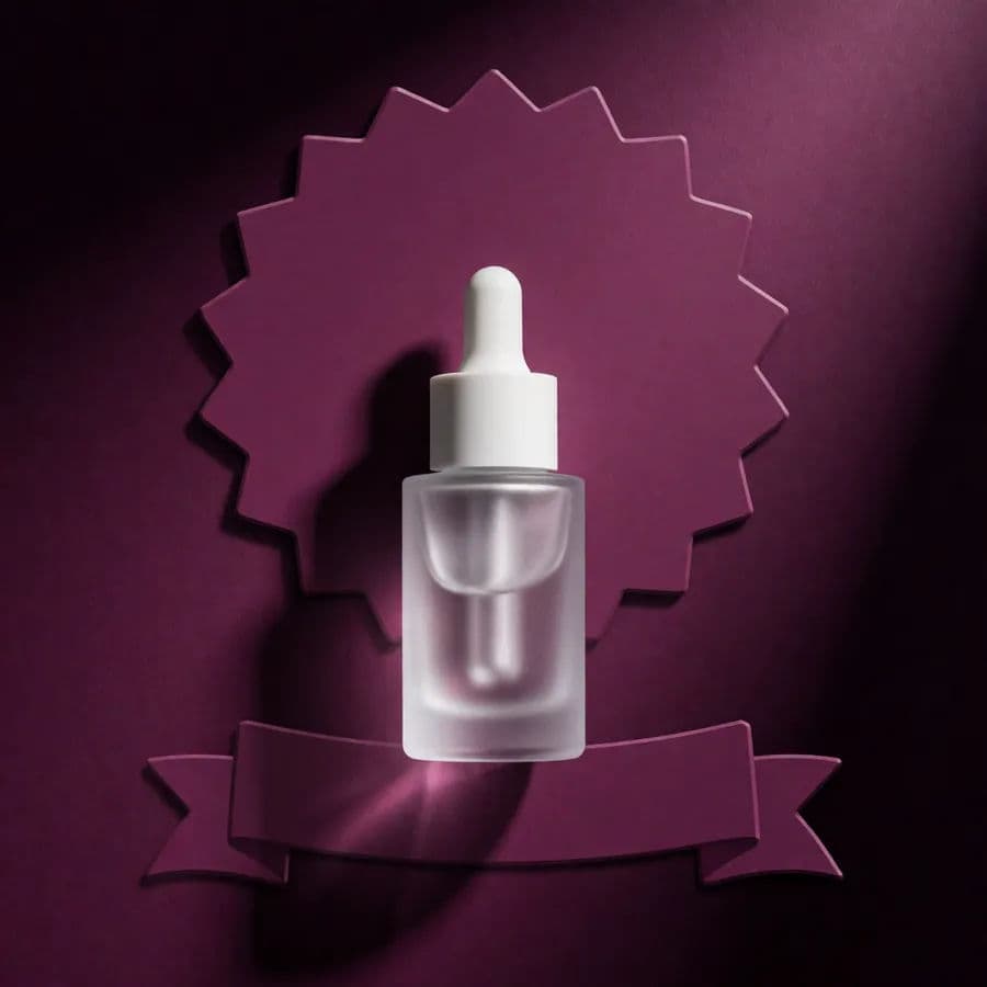 A single frosted skincare bottle with a starburst discount badge