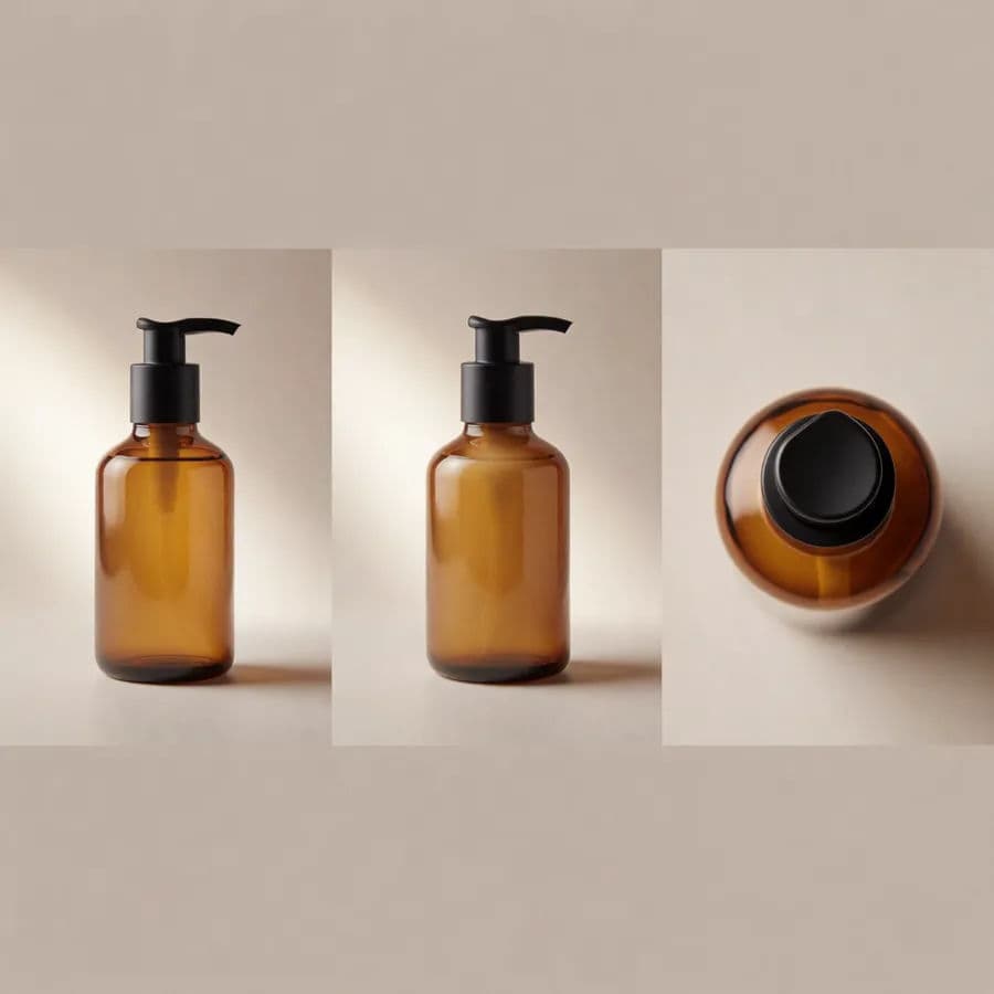 A grouped set of amber skincare bottles on a beige background with room for a label