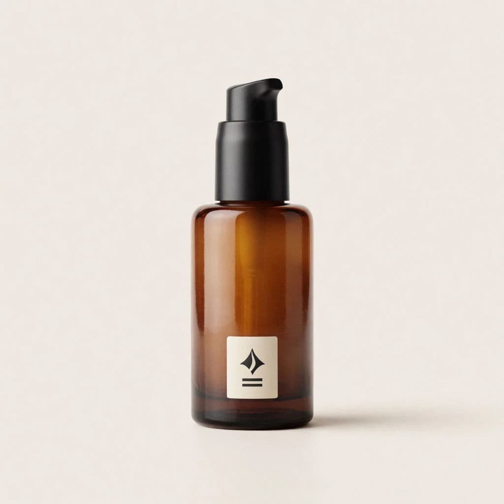 A single amber skincare bottle on a matching beige background