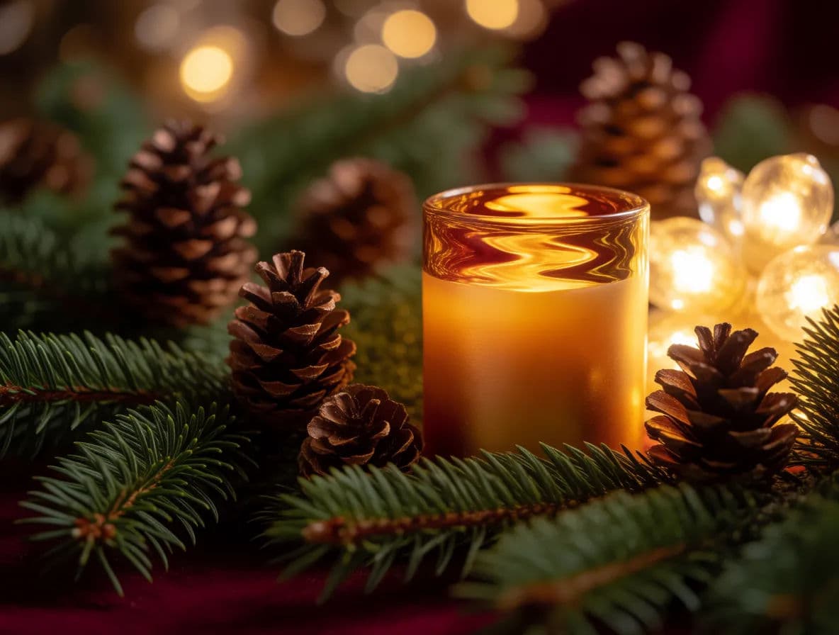Candle styled with evergreen and warm lights for winter