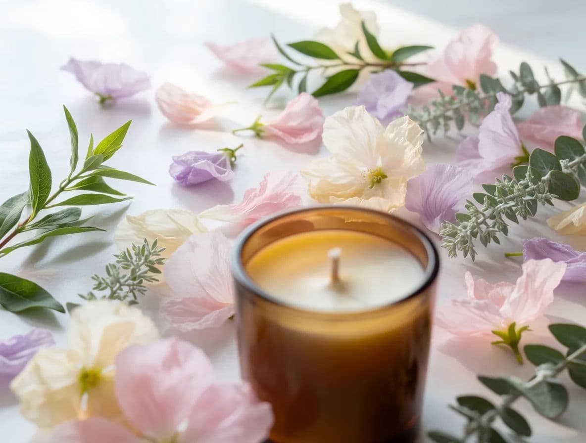 The same candle styled with pastel blossoms for spring