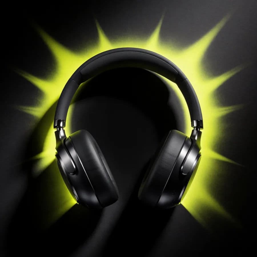 Black Friday banner with spotlit headphones and a neon accent
