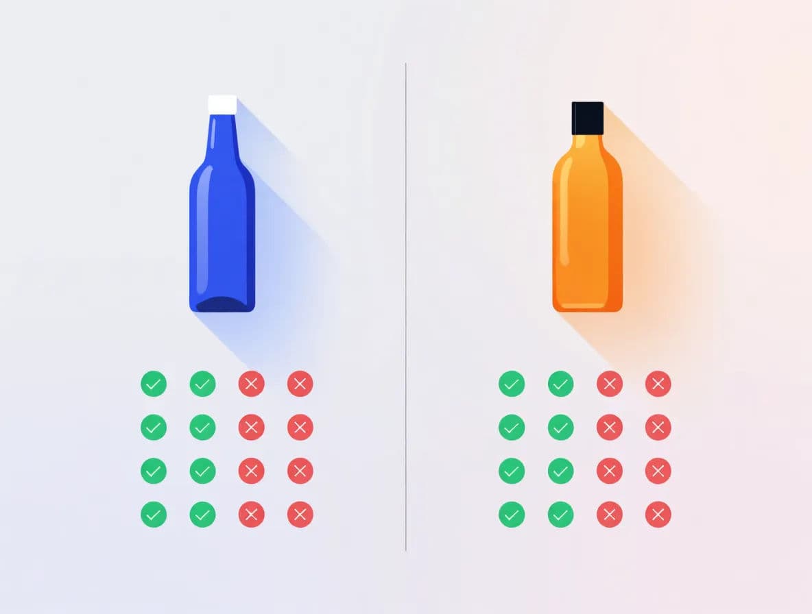 Two-product face-off layout split by a central divider