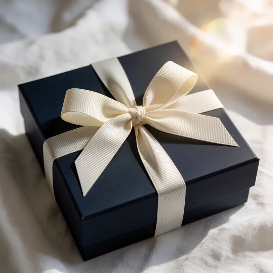 Sealed navy gift box with a cream ribbon on a clean surface