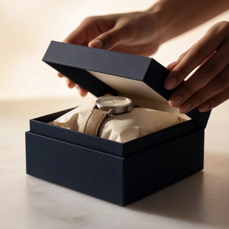 The same navy box opened by hand to reveal a watch inside