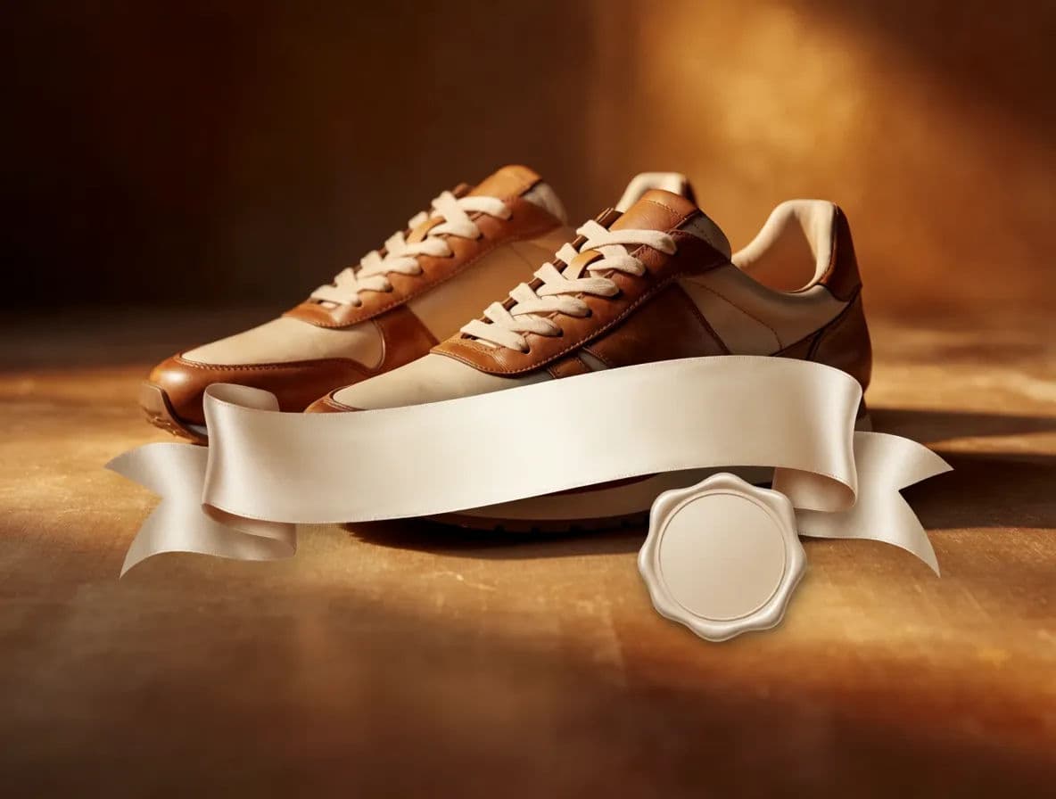 The same sneakers with a blank ribbon banner and badge for an offer