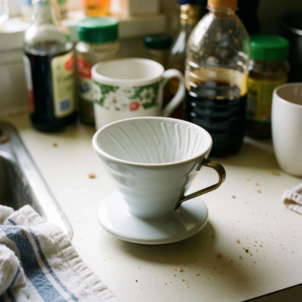 Messy phone snapshot of a coffee dripper on a cluttered table