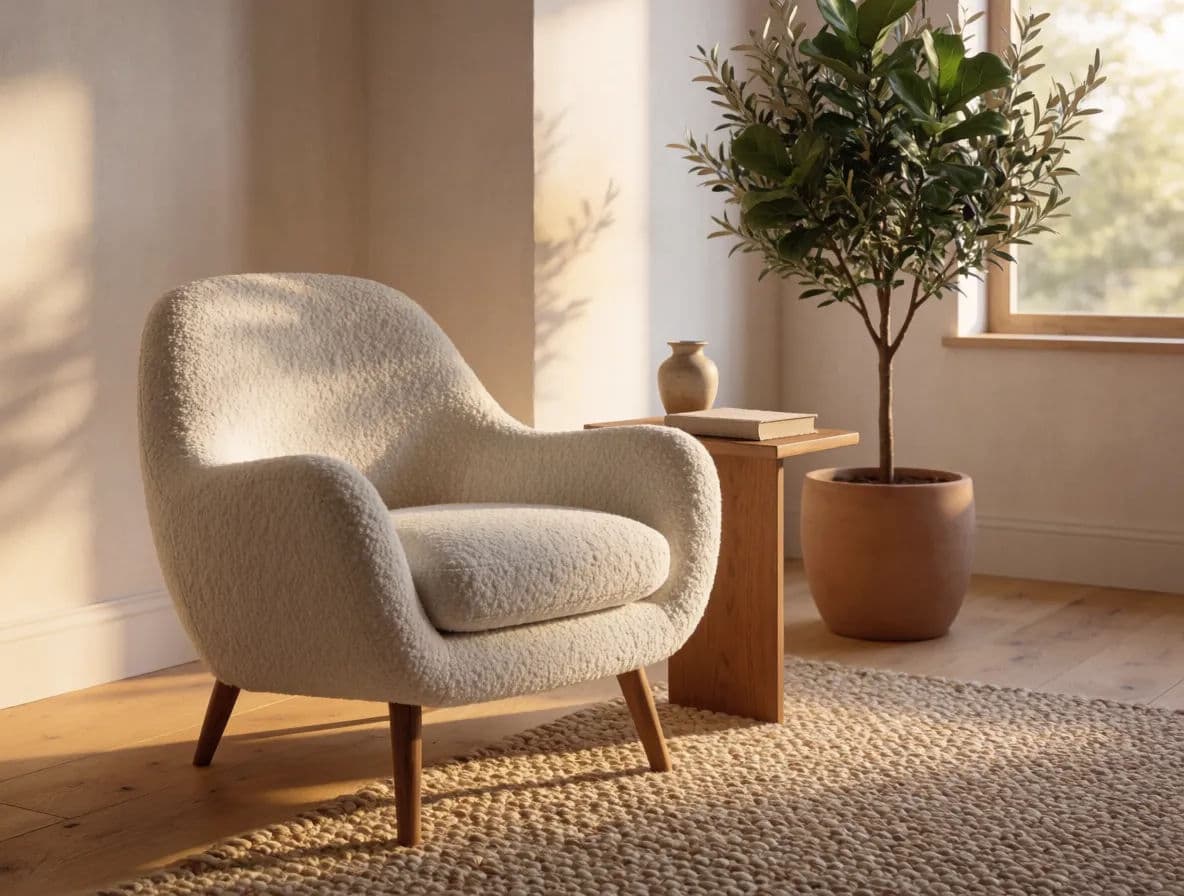 The same armchair styled in a real living room for scale