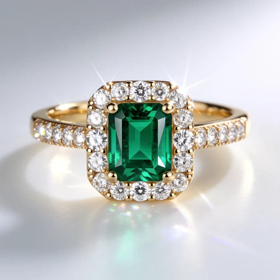 Gold emerald halo ring on a clean white gradient as a catalog shot