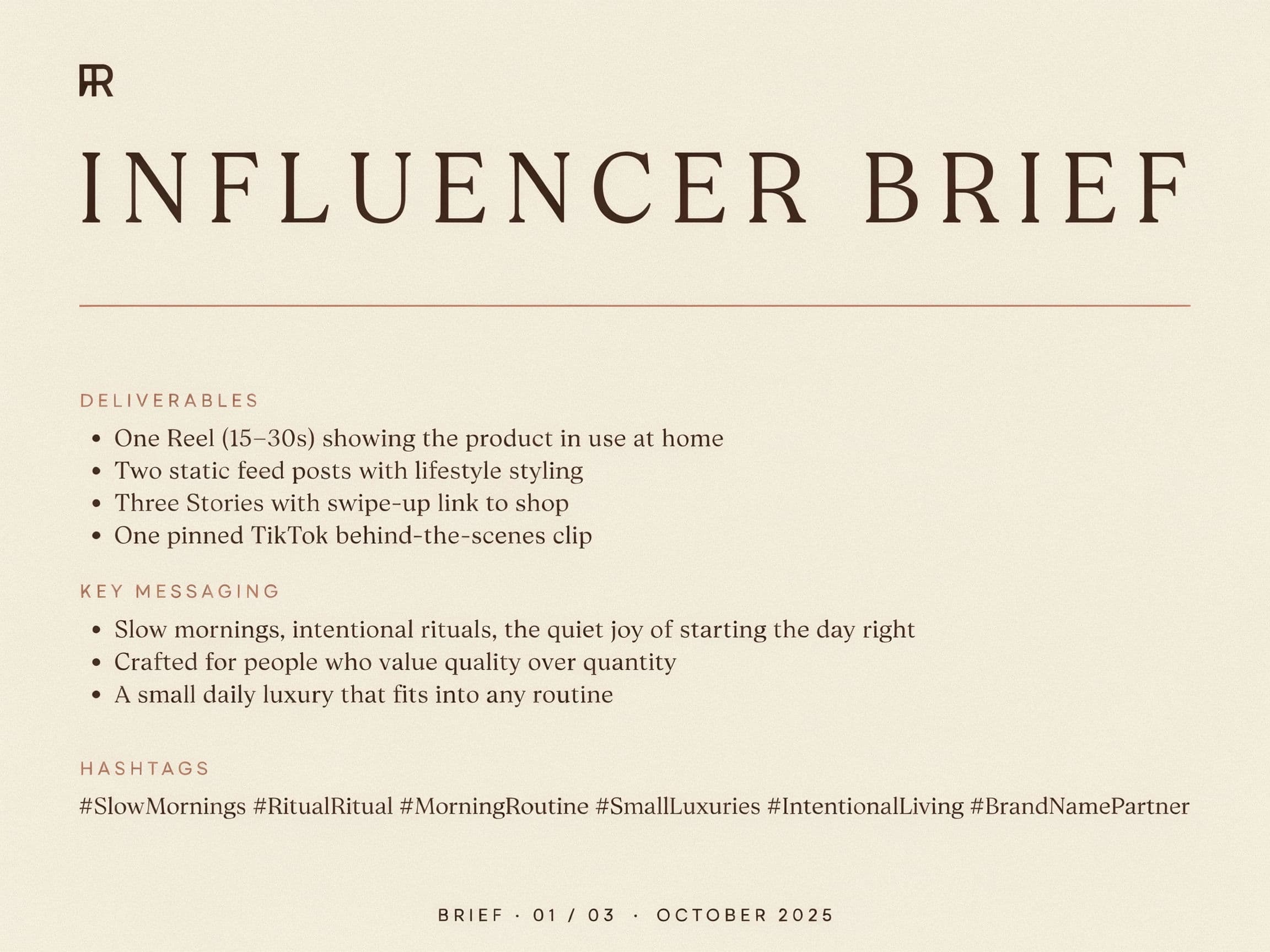 Matching influencer brief shot-list page in the same brand style