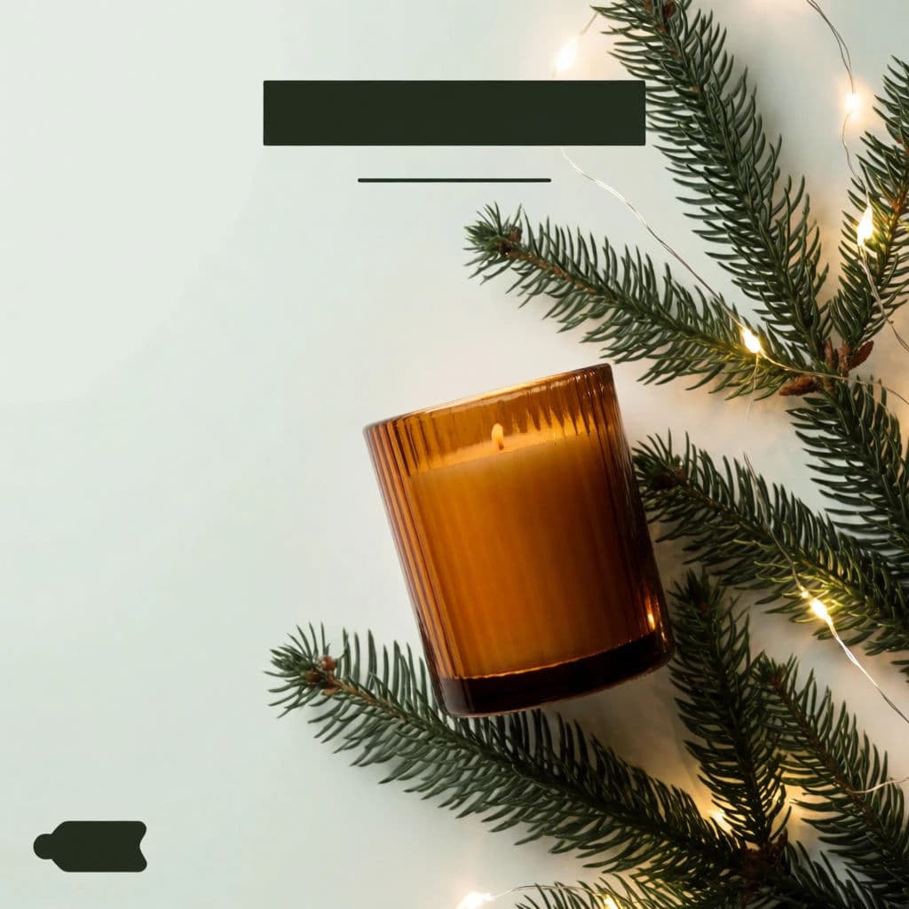 Seasonal candle ad styled for winter with evergreen and warm lights