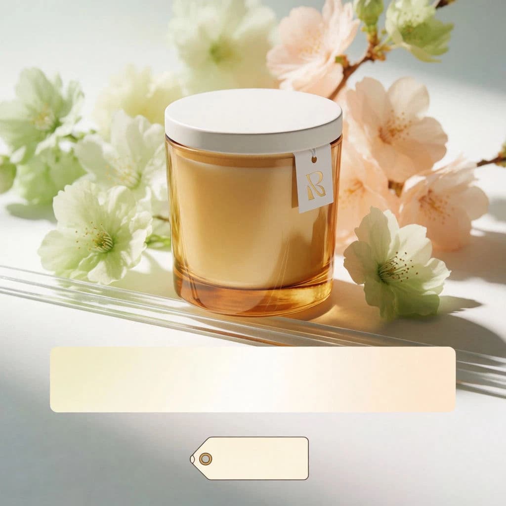 The same candle ad restyled for spring with pastel blossoms