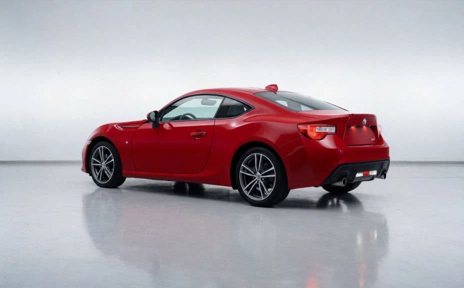 The same red coupe rear three-quarter view