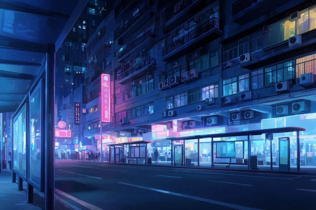 Anime-style night scene on a neon palette