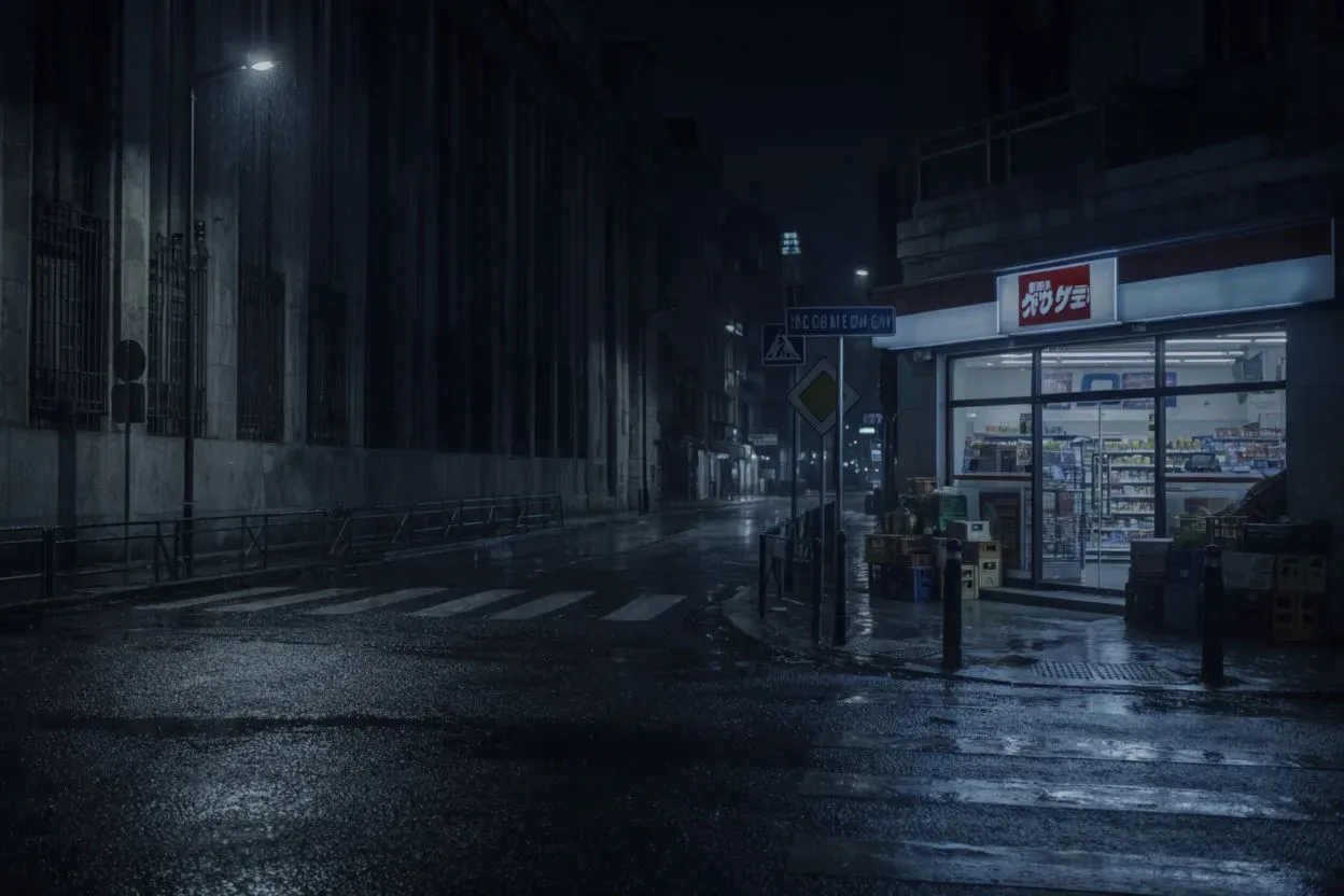 A cool desaturated noir frame