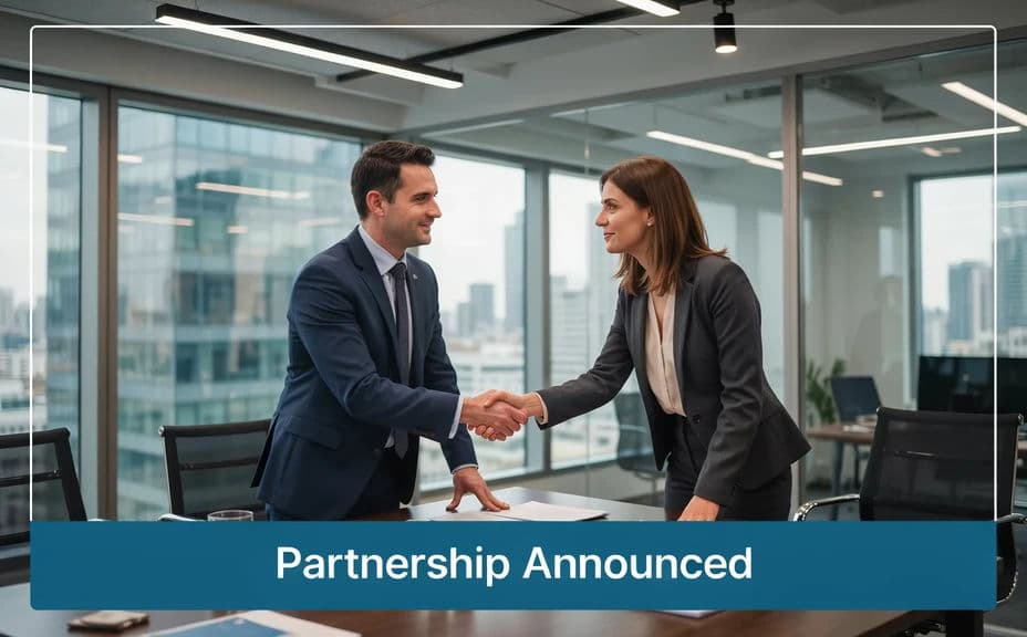 The same announcement photo polished into a branded press release image with a short headline