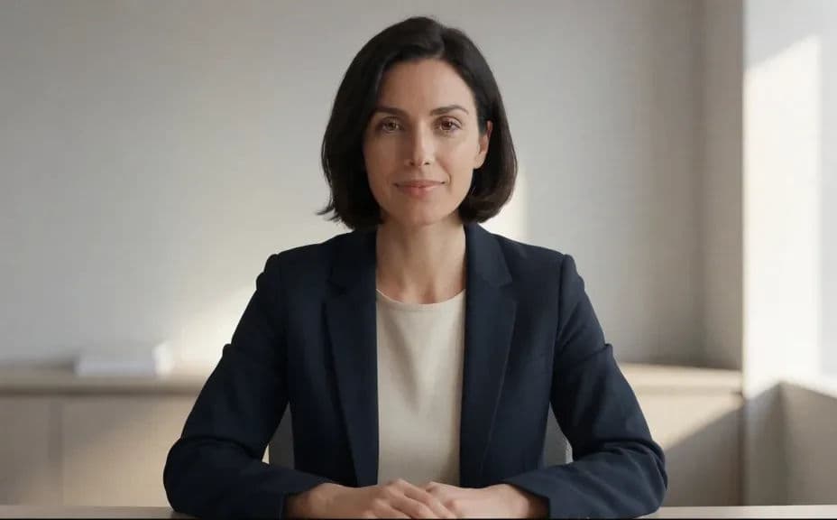Person on a video call in front of a tidy office backdrop