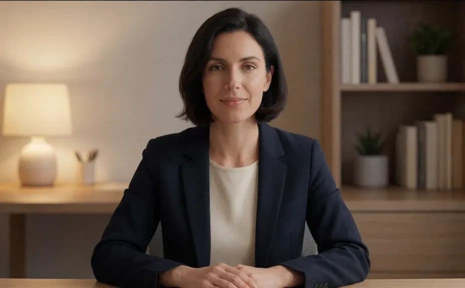 The same person on a video call in front of a warm home studio backdrop