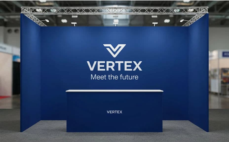 The same booth branded with graphics and a logo